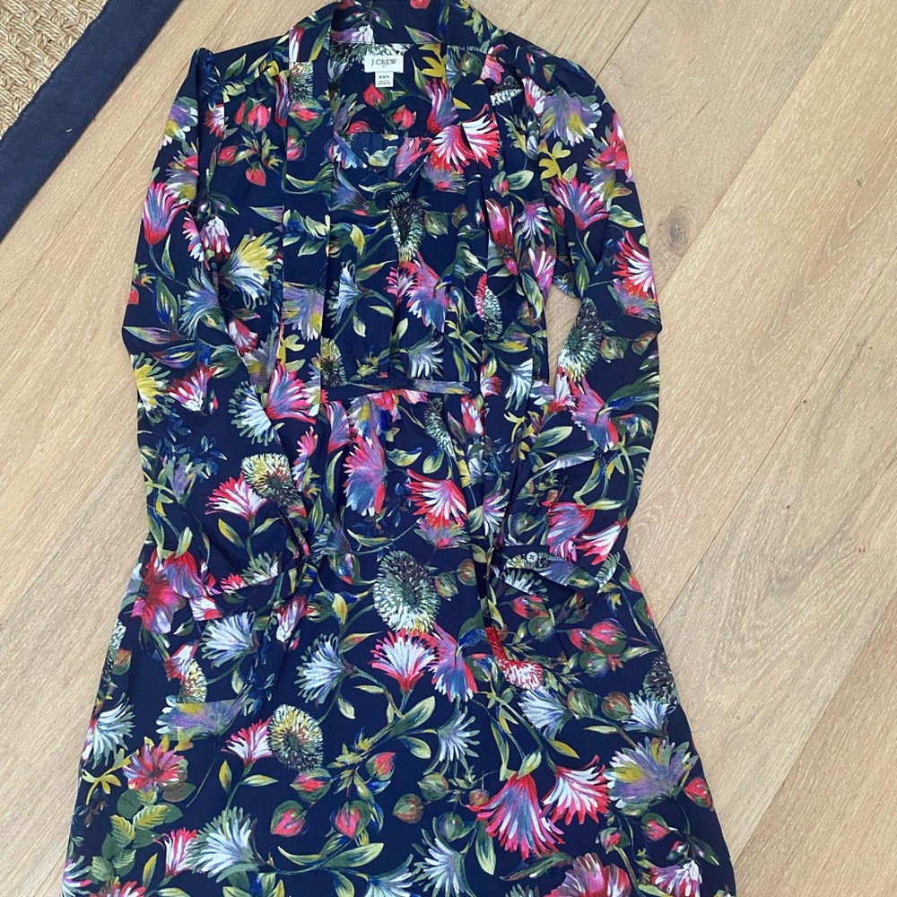 J. Crew Women's Dress Long Sleeve Multicolor Navy Floral Tie Dress Size XXS